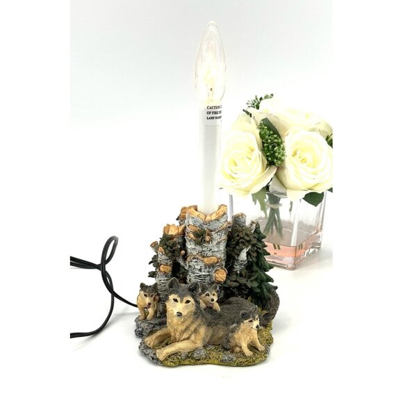 Cabin Theme Wolf Accent Table Lamp WolvesPups Birch Trees Woods Detailed Resin - Picture 5 of 15